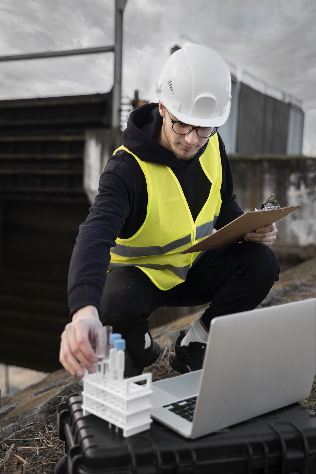 full shot engineer with laptop outside